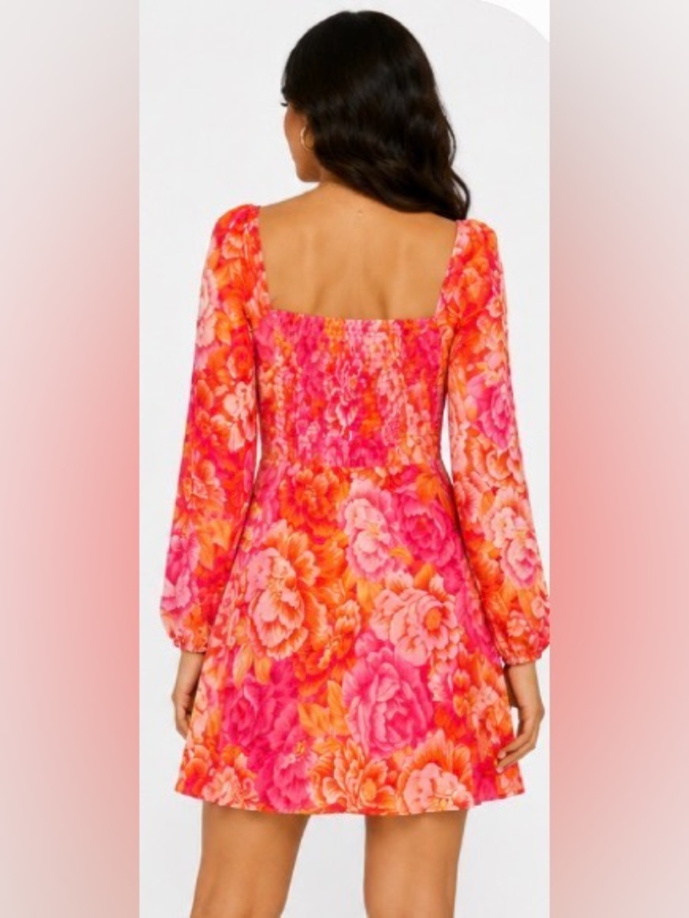 Steve Madden Floral Mini Dress, Pink Orange Sweetheart Neck Long Sleeve Size 10 - Picture 3 of 6